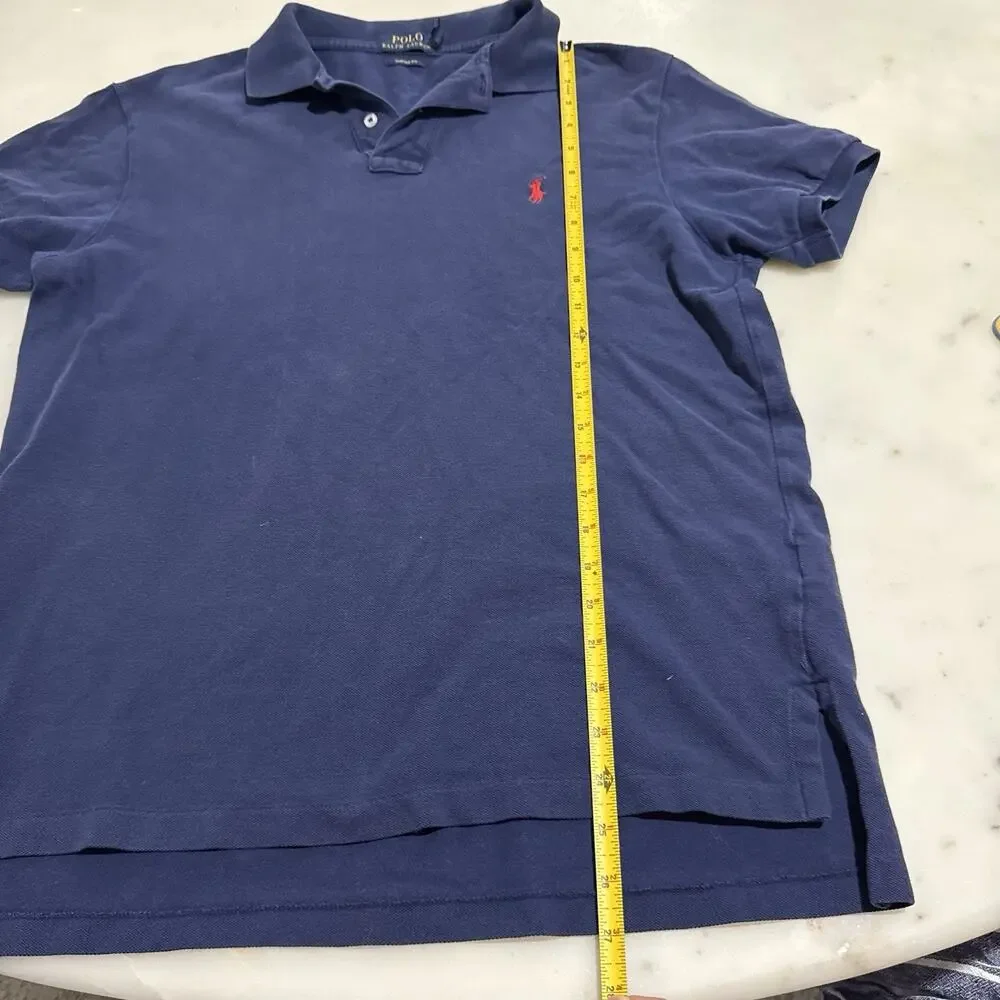 Ralph Lauren Men’s L Polo Shirt 100% Cotton Navy Blue Red Pony Logo Custom Fit